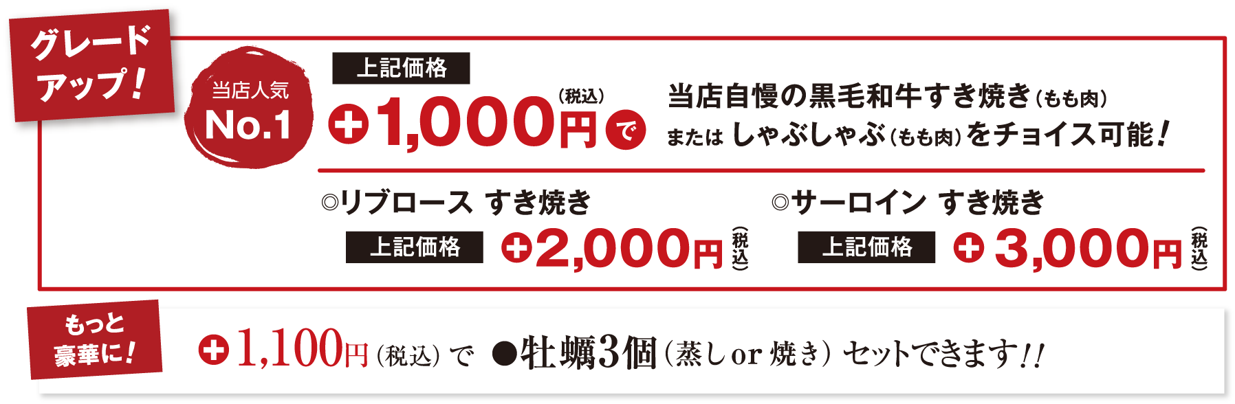 グレードアップ!当店人気No.1 価格+1,000円で当店自慢の黒毛和牛すき焼き（もも肉）または しゃぶしゃぶ（もも肉）をチョイス可能！リブロース すき焼き 価格+2,000円 サーロイン すき焼き 価格+3,000円 もっと豪華に！ +1,100円（税込）で牡蠣3個（蒸し or 焼き）セットできます！！